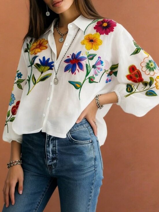MODA ME COUTURE Tops - White Boho Women's Casual Multifunctional Minimalist Floral Digital Print Shirt